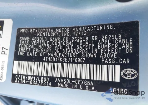 2014 Toyota Camry Hybrid Xle from USA, damaged, VIN 4T1BD1FK3EU110967